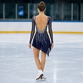cheap Figure Skating Dresses-Navy Rhinestone Figure Skating Dress for Women &amp; Girls – Long Sleeve Mesh Competition Costume with Open Back and Asymmetrical Skirt