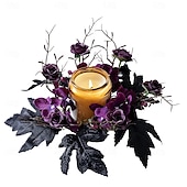 abordables Fleurs et couronnes artificielles-Lot de 2 anneaux de bougies artificiels en forme de roses pour Halloween, couronnes florales noires pour bougies piliers, décorations de table d'Halloween, centres de table gothiques, décoration de