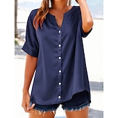  Damen Hemd Knöpfe Einfarbig Täglich Kurzarm V Ausschnitt Normale Oberteile Lässig Blau Weiß Khaki Schwarz Rote Sommer Herbst