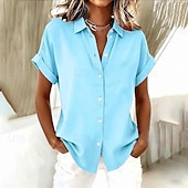 abordables Blouses Unies-Femmes Chemise Chemisier Avec Poches Boutons Uni ancien Élégant Manche Courte Col de chemise Hauts Réguliers Quotidien Fête Sortir Noir Gris Bleu clair Été Printemps