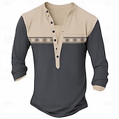  Herren-Henley-Shirt mit geometrischem Muster, Polyester, langärmelig, lässig, für Sommer, Frühling und Herbst, in Seeblau, Dunkelgrau, Schwarz, Grün und Hellblau