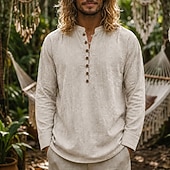 cheap Vacation-Men Linen Shirt Popover Shirt Summer Shirt Beach Wear Vintage Shirt Plain Casual Vacation Blue White Black Navy Blue Long Sleeve Henley Summer Spring Clothing Apparel Buttons
