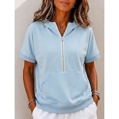  Mulheres Moletons Patchwork Bolsos Quarter Zip Côr Sólida Casual Manga Curta Com Capuz Casual Azul Branco Cinza celeste Preto Rosa Verão Primavera