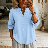 abordables Blouses Unies-Chemisier à col henley pour femme, coupe ample et décontractée, manches longues, fermeture boutonnée et poches