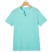 preiswerte Basic-T-Shirts-Herren-T-Shirt aus Baumwolle und Leinen, Strick, Kurzarm, V-Ausschnitt, Sommer, einfarbig, modisch, leicht, Basic, Mesh-Strick, schlicht, lässig, Urlaub, Street, blau, schwarz, hellgrün