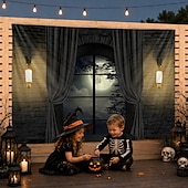 abordables Tapices de pared-Cortina gótica de Halloween para ventana, tapiz de pared con ilusión 3D, mansión embrujada a la luz de la luna, fondo exterior para colgar en la pared del patio, jardín, porche, cerca, decoración para