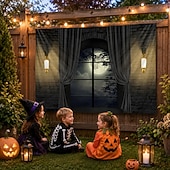 abordables Tapices de pared-Cortina gótica de Halloween para ventana, tapiz de pared con ilusión 3D, mansión embrujada a la luz de la luna, fondo exterior para colgar en la pared del patio, jardín, porche, cerca, decoración para