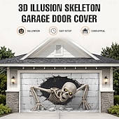  Halloween Garage Door Cover Skeleton Skull Breaking Wall 3D Optical Illusion Garage Door Banner Outdoor Haunted House Yard Party Decoration 16 x 7 FT