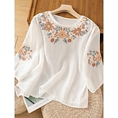  Blusa Ricamata da Donna Floreale Stilosa Casual Maniche 3/4 Collo a Giro Regular Tops Casual Quotidiano Bianco Rosa Grigio Estate Primavera