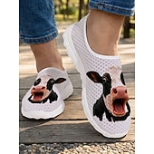  Tênis masculino slip-on com estampa de rosto de vaca branca e cabedal em mesh respirável em formato de favo de mel. &Tênis casual com sola de EVA leve, ideal para caminhadas diárias, praia e pesca.