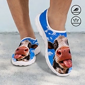  Tênis masculino slip-on com estampa de rosto de vaca branca e cabedal em mesh respirável em formato de favo de mel. &Tênis casual com sola de EVA leve, ideal para caminhadas diárias, praia e pesca.
