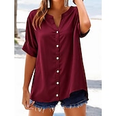 Damen Hemd Knöpfe Einfarbig Täglich Kurzarm V Ausschnitt Normale Oberteile Lässig Blau Weiß Khaki Schwarz Rote Sommer Herbst