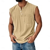 abordables Débardeurs-Men's Vintage Tank Top 100% Cotton Acid Wash Vest Top Undershirt Sleeveless Shirt Sleeveless Henley Summer Plain Fashion Designer Basic Pocket Buttons Vacation Street Black Top Tee for Men