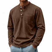 baratos Camiseta Henley Casual-Homens Camisa Henley Camisa 100% algodão com lavagem ácida Camiseta Manga Longa Vintage Retro Vintage Casual Estilo vintage Lavado Henley Casual Primavera Outono Todas as Estações Castanho Escuro