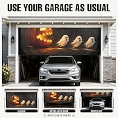 abordables Housse de porte de garage-Décoration de porte de garage pour Halloween, grand décor extérieur avec citrouille-lanterne, fantômes à la poursuite d'une maison hantée, bannière pour jardin ou porche.