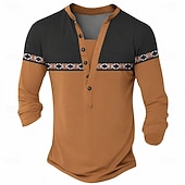  Herren-Henley-Shirt mit geometrischem Muster, Polyester, langärmelig, lässig, für Sommer, Frühling und Herbst, in Seeblau, Dunkelgrau, Schwarz, Grün und Hellblau