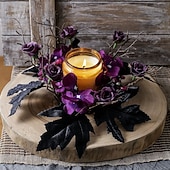 abordables Fleurs et couronnes artificielles-Lot de 2 anneaux de bougies artificiels en forme de roses pour Halloween, couronnes florales noires pour bougies piliers, décorations de table d'Halloween, centres de table gothiques, décoration de