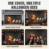 abordables Housse de porte de garage-Décoration de porte de garage pour Halloween, grand décor extérieur avec citrouille-lanterne, fantômes à la poursuite d'une maison hantée, bannière pour jardin ou porche.