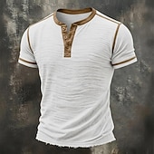 ieftine Tricouri din bumbac și in-Bărbați Tricou Tricou din in Manșon scurt Henley Vară Primăvară Toate Sezoanele Culoare solidă Texturat Vacanță Epocă Sport Peteci Bloc de Culoare Margine crudă Casual Casă În aer liber Alb Negru