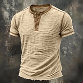 ieftine Tricouri din bumbac și in-Bărbați Tricou Tricou din in Manșon scurt Henley Vară Primăvară Toate Sezoanele Culoare solidă Texturat Vacanță Epocă Sport Peteci Bloc de Culoare Margine crudă Casual Casă În aer liber Alb Negru