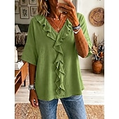  Per donna Blusa Volant Semplice Elegante Casual Manica 3/4 Scollo a V Top Regolari Casuale Quotidiano Blu Bianco Verde Estate Primavera