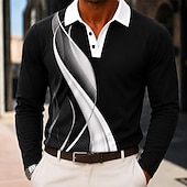  Men's Geometic Polo Shirts Long Sleeve Polo Shirts Lapel Casual Outdoor Athleisure Daily Wear 3D Print Buttons Spring &  Fall Blue Black Red