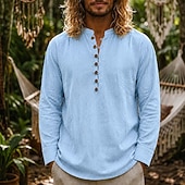 cheap Vacation-Men Linen Shirt Popover Shirt Summer Shirt Beach Wear Vintage Shirt Plain Casual Vacation Blue White Black Navy Blue Long Sleeve Henley Summer Spring Clothing Apparel Buttons