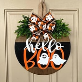 baratos Decoração ao ar livre-Guirlanda de madeira com fantasma para porta de Halloween, decoração divertida de fantasma para pendurar na porta da frente, enfeite rústico de boas-vindas para Halloween na varanda, entrada, parede,