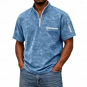 baratos Polo Clássico Masculino-Camisas Polo Masculinas SoftFade™ Camisa Lavagem Ácida Casual Trabalho Gola Polo Zíper Quarto Curta Moda Básica Cor Sólida Com Zíper e Bolso Primavera Verão Azul Violeta Azul Marinho Verde