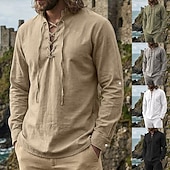 preiswerte Urlaub-Herren Hemd Leinenhemd Wikinger-Stil Popover-Hemd Sommerhemd Stehkragenhemd Einfach Lässig Urlaub Schwarz Weiß Grün Khaki Langarm V Ausschnitt Sommer Frühling Bekleidung Kordelzug