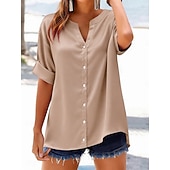  Damen Hemd Knöpfe Einfarbig Täglich Kurzarm V Ausschnitt Normale Oberteile Lässig Blau Weiß Khaki Schwarz Rote Sommer Herbst