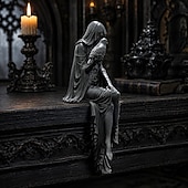 cheap Figurines &amp; Ornaments-Halloween Gothic Raven Shelf Sitter Statue Symbol of Mystery, Wisdom &amp; Dark Elegance Hooded Dark Lady Statue Witch Holding Raven, Decorations Sitting Woman Figurine