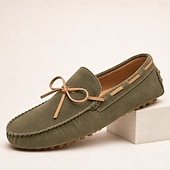 cheap Casual Loafers-Men's Genuine Suede Leather Driving Loafers, Hand-Stitched Moc Toe Slip-On Shoes with Rubber Pebble Sole for Driving and Casual Wear