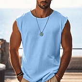 abordables Débardeurs-Homme T-shirt Sans manches Manche Courte Manches Courtes Col ras du cou Col rond Été Uni Texturé Mode Classique Occasionnel Pur Occasionnel Rue Sports Bleu Blanche bleu marine T-shirt haut de gamme