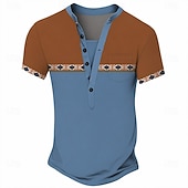 preiswerte Ethnischer Stil-Herren-T-Shirt im Ethno-Stil, Henley-Shirt aus Polyester, Kurzarm, Designer-Basic, Ethno-Look, Outdoor-Casual, Alltag, Sommer, See, Blau, Schwarz, Hellgrün, Dunkelblau, Hellblau, Henley-T-Shirt