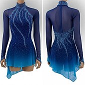 ieftine Rochii de patinaj artistic-Rochie de Patinaj Artistic Pentru femei Πατινάζ στο πάγο Rochii Bleumarin Peteci Tiv Asimetric Înaltă Elasticitate Antrenament Competiție Ținută Patinaj Clasic Cristale / Strasuri Manșon Lung Patinaj