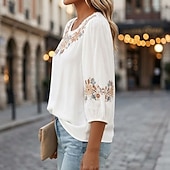  Blusa Ricamata da Donna Floreale Stilosa Casual Maniche 3/4 Collo a Giro Regular Tops Casual Quotidiano Bianco Rosa Grigio Estate Primavera