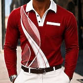  Men's Geometic Line Polo Shirts Long Sleeve Polo Shirts Lapel Business Casual Athleisure Daily Wear 3D Print Buttons Spring Fall Winter Blue Black Red