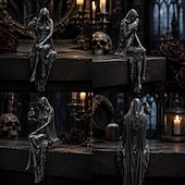 cheap Figurines &amp; Ornaments-Halloween Gothic Raven Shelf Sitter Statue Symbol of Mystery, Wisdom &amp; Dark Elegance Hooded Dark Lady Statue Witch Holding Raven, Decorations Sitting Woman Figurine