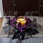 abordables Fleurs et couronnes artificielles-Lot de 2 anneaux de bougies artificiels en forme de roses pour Halloween, couronnes florales noires pour bougies piliers, décorations de table d'Halloween, centres de table gothiques, décoration de
