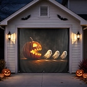 abordables Housse de porte de garage-Décoration de porte de garage pour Halloween, grand décor extérieur avec citrouille-lanterne, fantômes à la poursuite d'une maison hantée, bannière pour jardin ou porche.