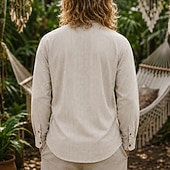 cheap Vacation-Men Linen Shirt Popover Shirt Summer Shirt Beach Wear Vintage Shirt Plain Casual Vacation Blue White Black Navy Blue Long Sleeve Henley Summer Spring Clothing Apparel Buttons