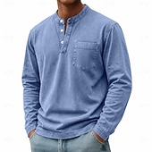 baratos Camiseta Henley Casual-Homens Camisa Henley Camisa 100% algodão com lavagem ácida Camiseta Manga Longa Vintage Retro Vintage Casual Estilo vintage Lavado Henley Casual Primavera Outono Todas as Estações Castanho Escuro