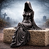  Halloween Gothic Lady Reaper Ethereal Hooded Figure Sculpture Faceless Ghost Decor,  Dark Home Decor, Shelf Sitter for Bookshelf, Office, Room, Halloween Party Decoration