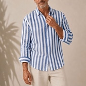 abordables Clásico-Camisa de lino a rayas para hombre – manga larga con botones para las vacaciones de verano