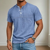 cheap Casual Henley Tee-Men's Henley Shirt 100% Cotton Acid Wash Shirt Short Sleeve Henley Summer Spring Fall Plain Retro Vintage Casual Vintage Style Washed Casual Light Blue Dark Brown Black Top Tee for Men