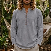 cheap Vacation-Men Linen Shirt Popover Shirt Summer Shirt Beach Wear Vintage Shirt Plain Casual Vacation Blue White Black Navy Blue Long Sleeve Henley Summer Spring Clothing Apparel Buttons