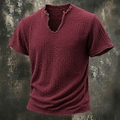 cheap Cotton Linen T-shirts-Men's T Shirt 100% Cotton T-Shirt Short Sleeve V Neck Summer Spring Solid Color Textured Vacation Vintage Sports Raw Edge Casual Home Outdoor Black White Wine Top Tee for Men