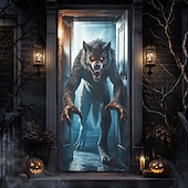 preiswerte Türabdeckungen-Halloween-Türdekoration: Werwolf-Türbanner, gruseliges Wolfsmonster, 3D-Illusion, Hintergrund für Haustür, Veranda, Eingangsbereich, Spukhaus, Partydekoration