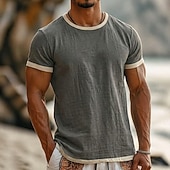economico T-shirt in Cotone e Lino-Per uomo Maglietta Maglietta in lino Maniche Corte Girocollo Estate Semplice Moda Designer Essenziale Patchwork Blocco di colore Morbido Casuale Vacanza Streetwear Blu chiaro Nero Blu marino